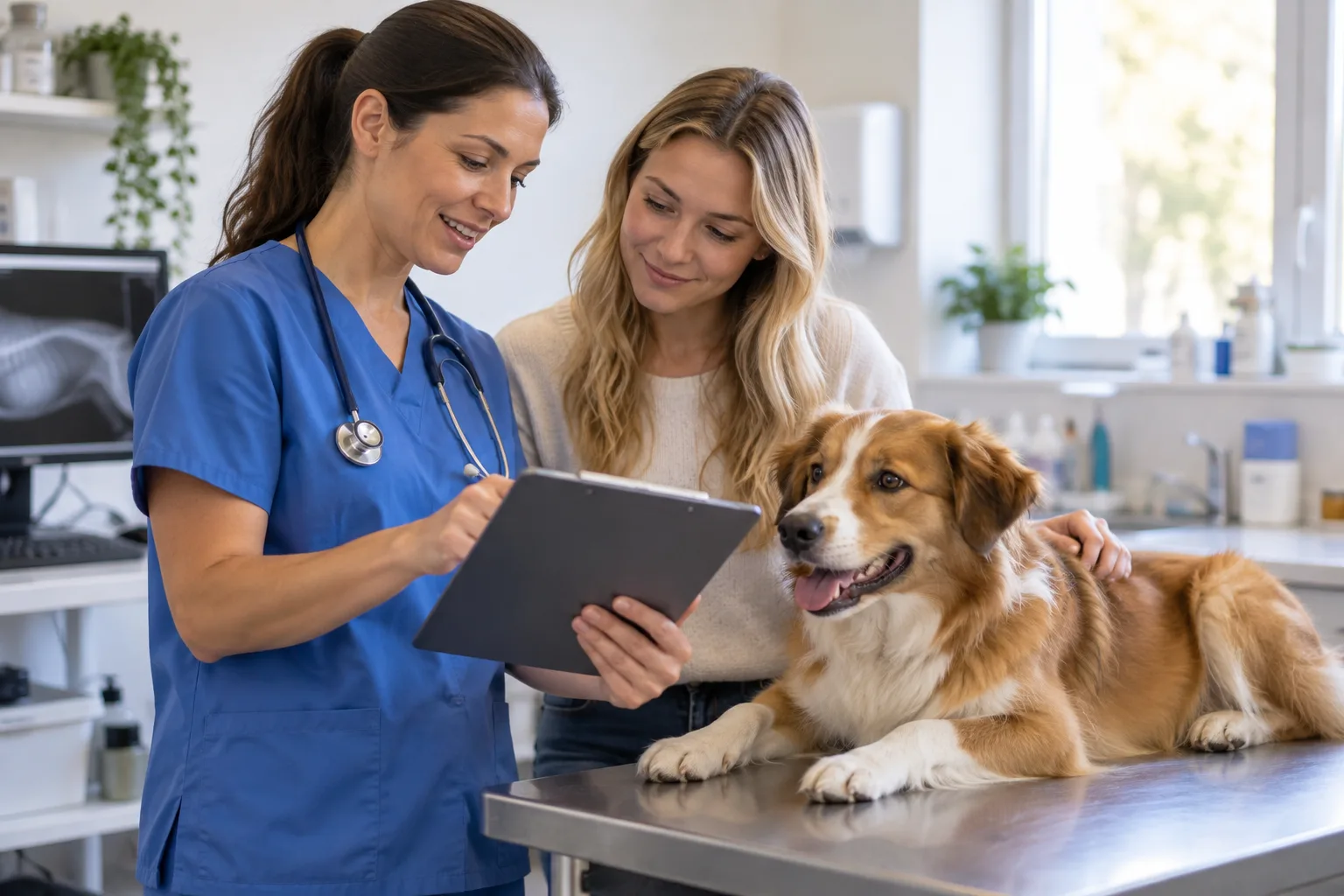 Veterinarian discussing tablet with owner beside dog at exam table